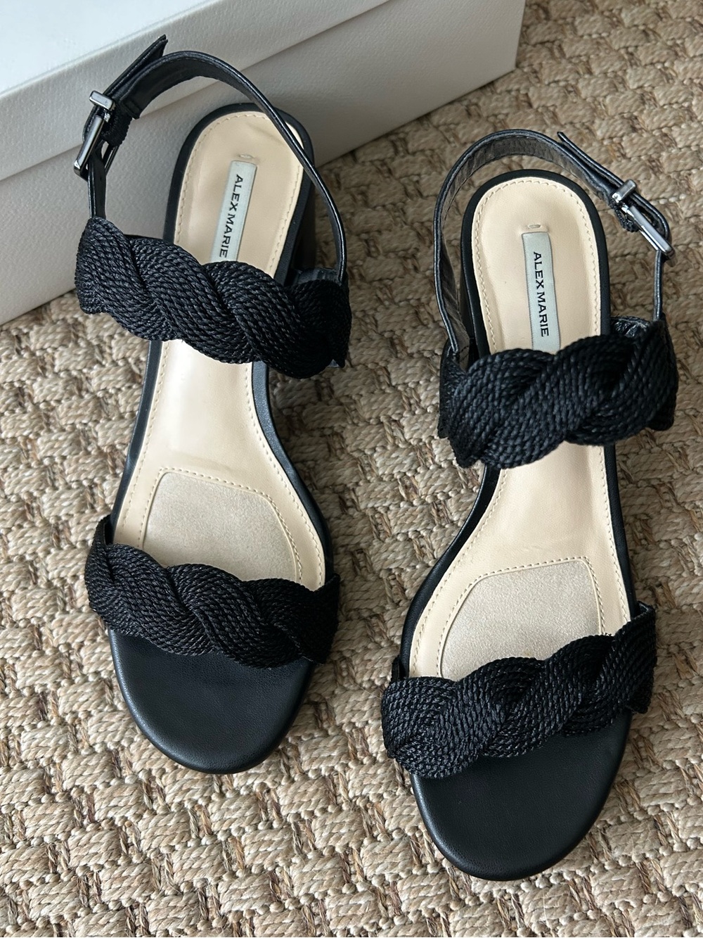 Alex Marie Devah Black Braided Strap Buckle Slingback Block Heel Sandals